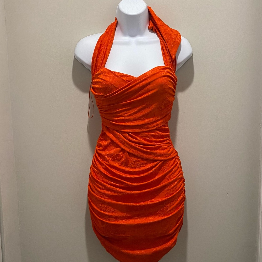 Zara Jaquard Mini Body-con Elegant Orange Halter Dress Women’s Size S NWT